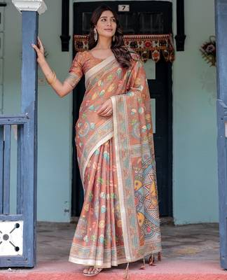 Printed handloom cotton saree for women with floral design and tassels 1