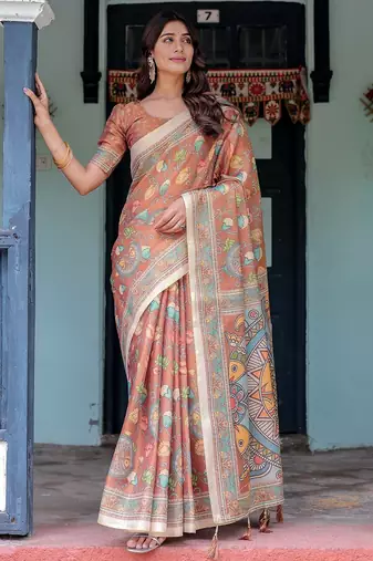 Printed handloom cotton saree for women with floral design and tassels