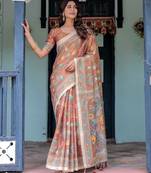 Printed handloom cotton saree for women with floral design and tassels