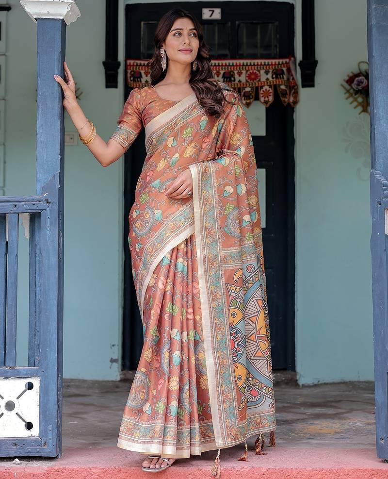 Printed handloom cotton saree for women with floral design and tassels