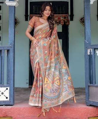 Printed handloom cotton saree for women with floral design and tassels 2