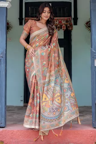 Printed handloom cotton saree for women with floral design and tassels