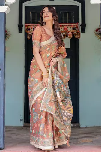 Printed handloom cotton saree for women with floral design and tassels