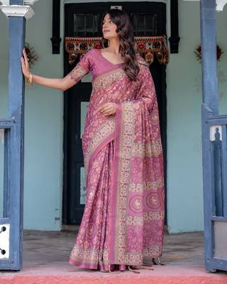 Everyday elegance handloom cotton floral saree with blouse piece     5.5m 3