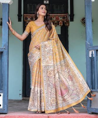 Soft handloom cotton saree with multicolor floral print and tassel edges 1