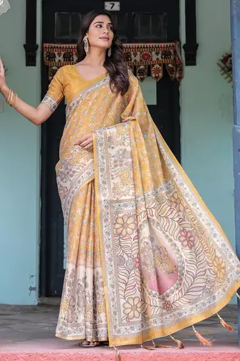 Soft handloom cotton saree with multicolor floral print and tassel edges