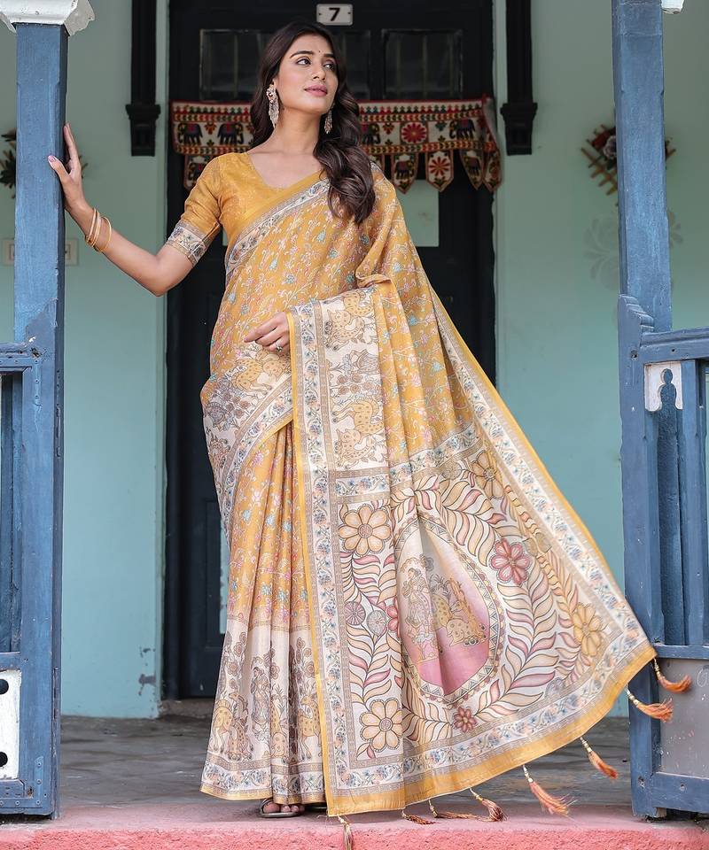 Soft handloom cotton saree with multicolor floral print and tassel edges