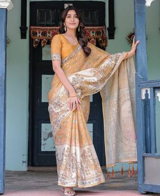 Soft handloom cotton saree with multicolor floral print and tassel edges 3