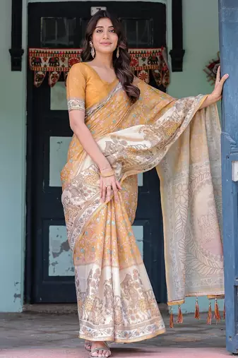 Soft handloom cotton saree with multicolor floral print and tassel edges