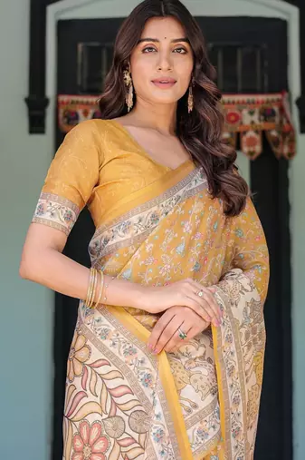 Soft handloom cotton saree with multicolor floral print and tassel edges