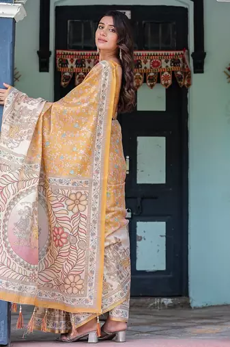 Soft handloom cotton saree with multicolor floral print and tassel edges
