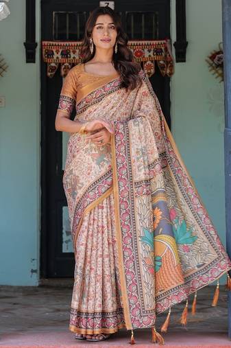 Stylish cotton handloom saree with floral digital print and tassels     5.5m + 0.8m