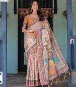 Stylish cotton handloom saree with floral digital print and tassels     5.5m + 0.8m
