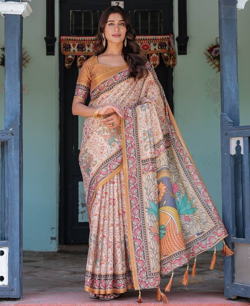Stylish cotton handloom saree with floral digital print and tassels     5.5m + 0.8m