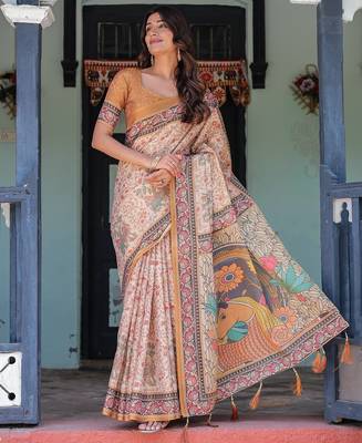 Stylish cotton handloom saree with floral digital print and tassels     5.5m + 0.8m 3