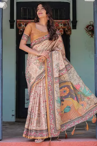 Stylish cotton handloom saree with floral digital print and tassels     5.5m + 0.8m