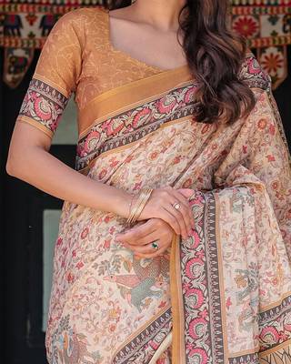 Stylish cotton handloom saree with floral digital print and tassels     5.5m + 0.8m 4