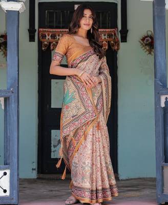 Stylish cotton handloom saree with floral digital print and tassels     5.5m + 0.8m 5