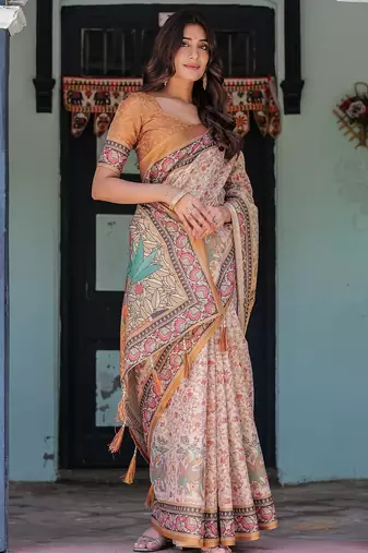 Stylish cotton handloom saree with floral digital print and tassels     5.5m + 0.8m