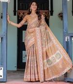 Festive ready handloom cotton saree with floral artwork & matching blouse