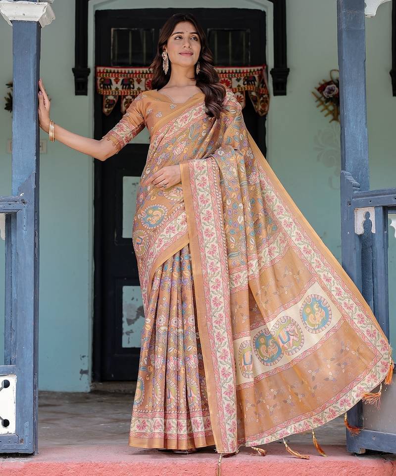 Festive ready handloom cotton saree with floral artwork & matching blouse