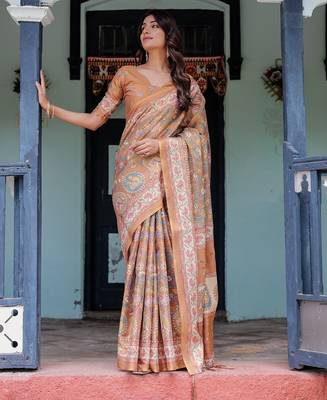 Festive ready handloom cotton saree with floral artwork & matching blouse 2