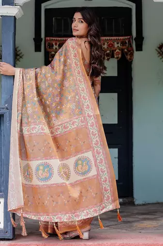 Festive ready handloom cotton saree with floral artwork & matching blouse
