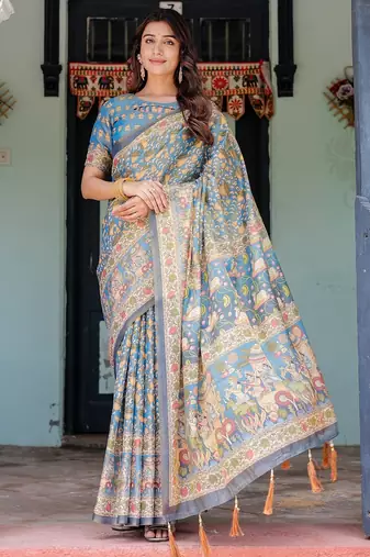Handloom cotton floral printed saree with tassels & attached blouse     5.5m