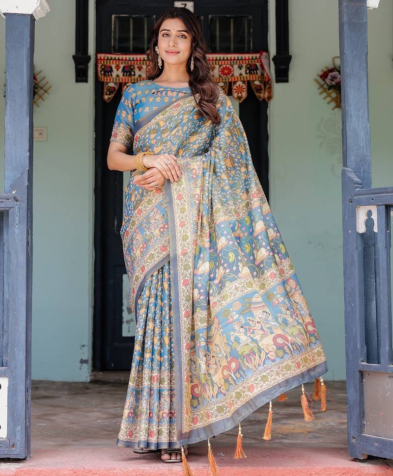 Handloom cotton floral printed saree with tassels & attached blouse     5.5m