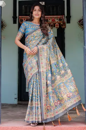 Handloom cotton floral printed saree with tassels & attached blouse     5.5m