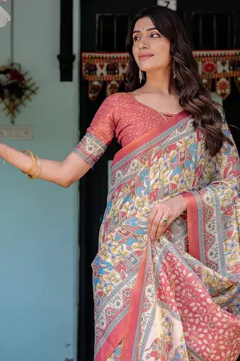 Elegant handloom cotton saree with floral print & tassel edges     5.5m + 0.8m blouse