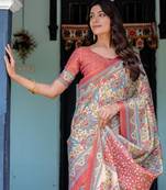 Elegant handloom cotton saree with floral print & tassel edges     5.5m + 0.8m blouse