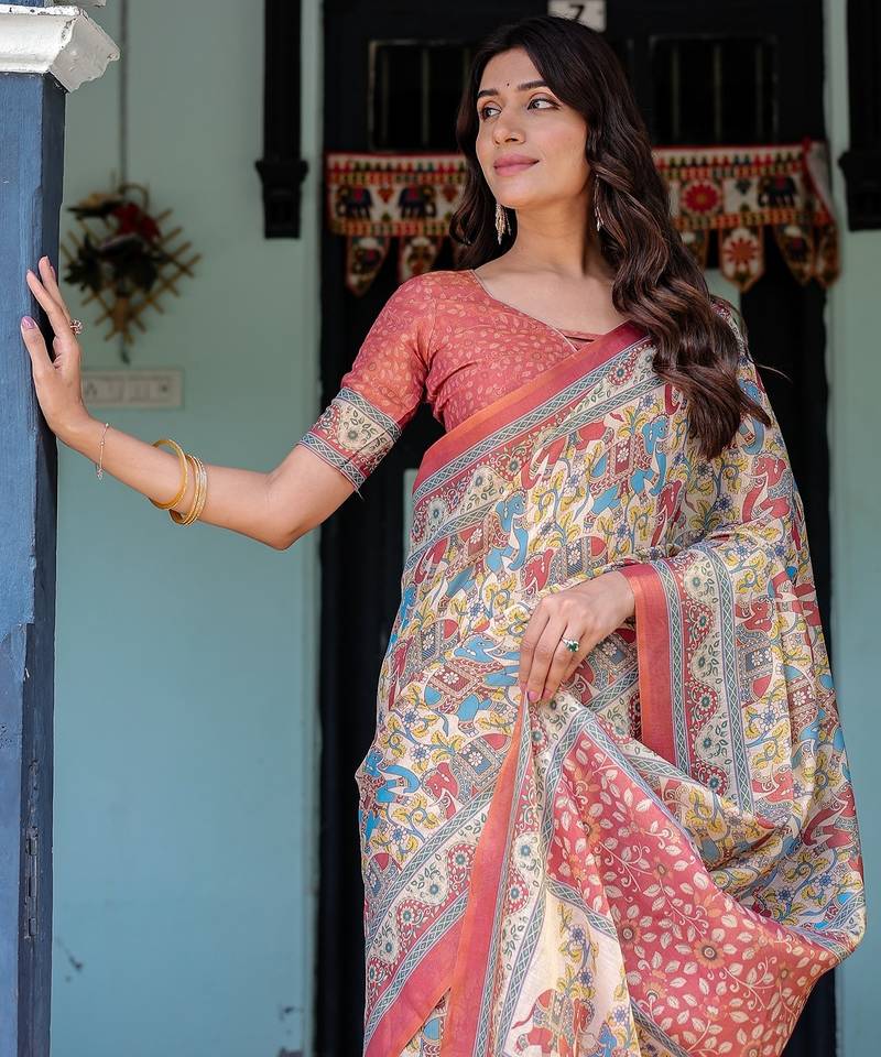 Elegant handloom cotton saree with floral print & tassel edges     5.5m + 0.8m blouse