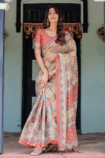 Elegant handloom cotton saree with floral print & tassel edges     5.5m + 0.8m blouse