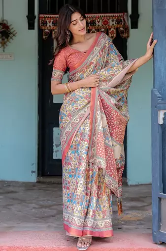 Elegant handloom cotton saree with floral print & tassel edges     5.5m + 0.8m blouse