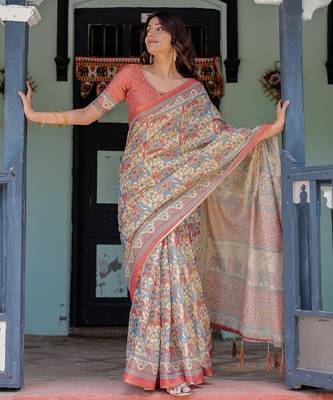 Elegant handloom cotton saree with floral print & tassel edges     5.5m + 0.8m blouse 5