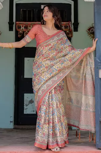 Elegant handloom cotton saree with floral print & tassel edges     5.5m + 0.8m blouse