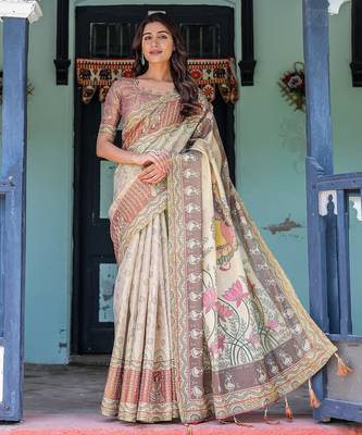 Pure cotton handloom saree with floral print and designer tassels 1