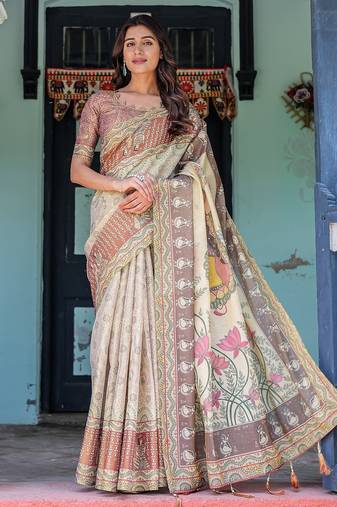 Pure cotton handloom saree with floral print and designer tassels