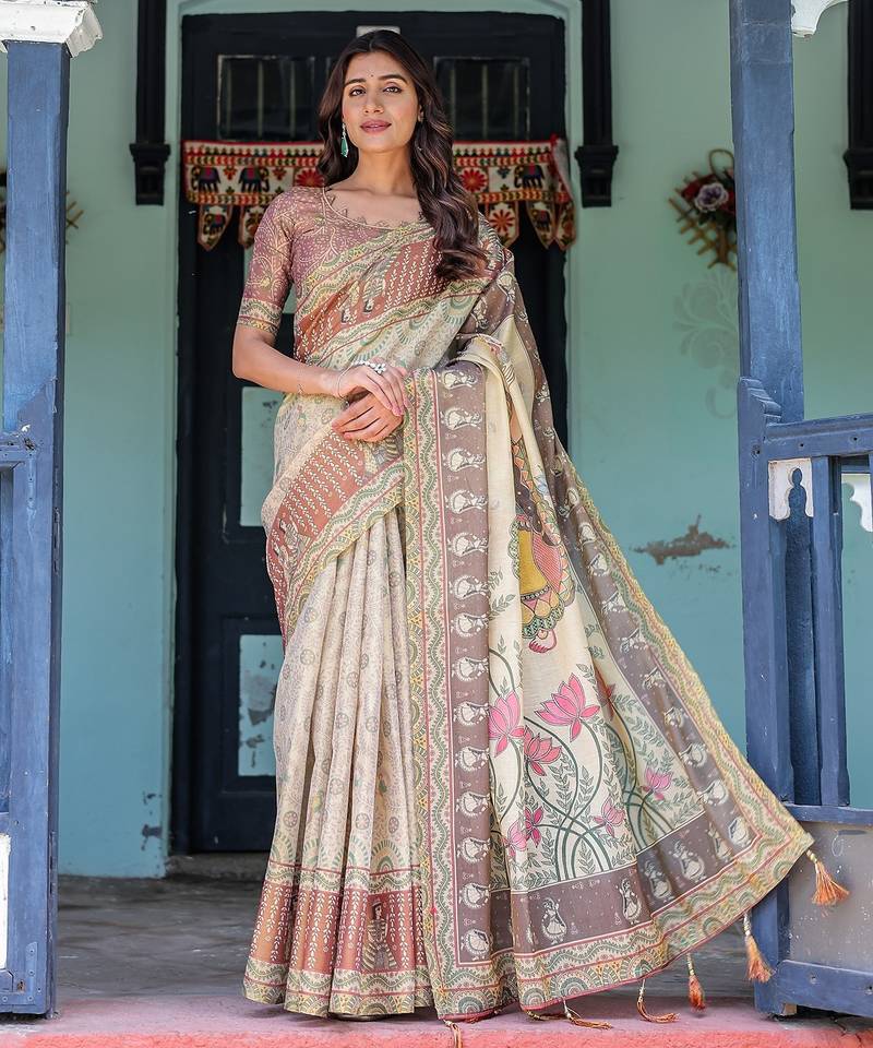 Pure cotton handloom saree with floral print and designer tassels