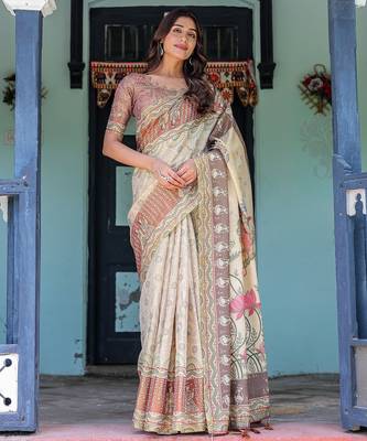 Pure cotton handloom saree with floral print and designer tassels 2