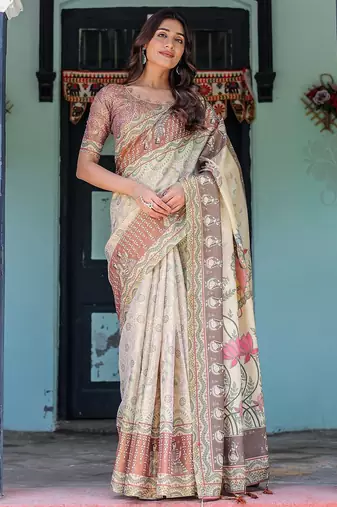 Pure cotton handloom saree with floral print and designer tassels