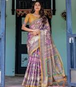 Floral printed cotton saree in handloom weave with blouse piece     5.5m