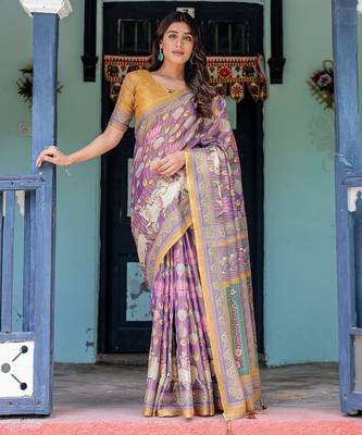 Floral printed cotton saree in handloom weave with blouse piece     5.5m 5