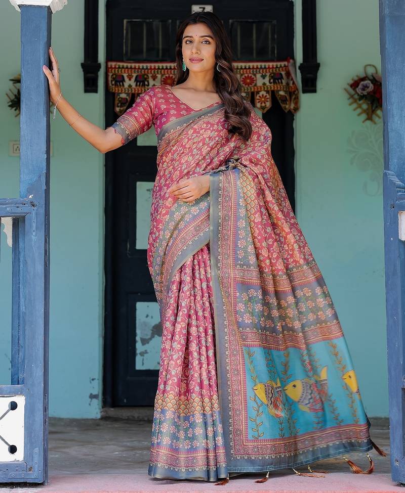Traditional handloom cotton floral saree with matching blouse & tassel detailing
