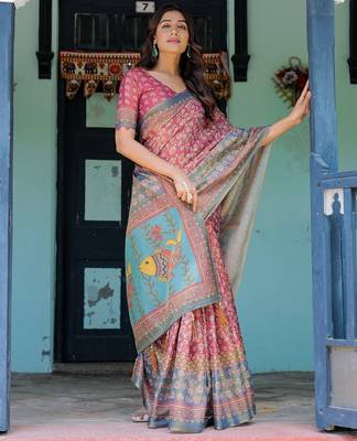 Traditional handloom cotton floral saree with matching blouse & tassel detailing 3