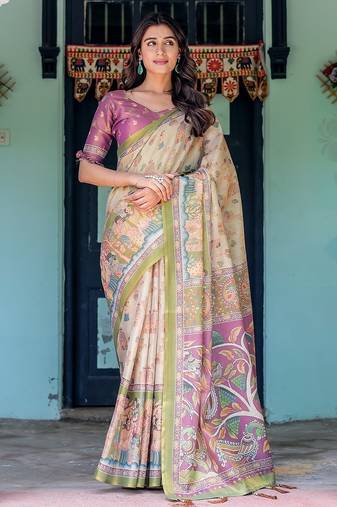 Soft handloom cotton floral saree with tassels – includes 0.8m blouse