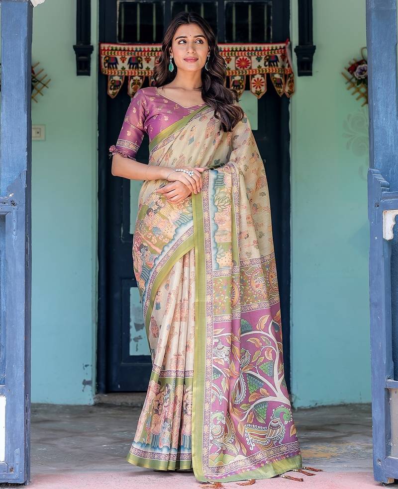 Soft handloom cotton floral saree with tassels     includes 0.8m blouse