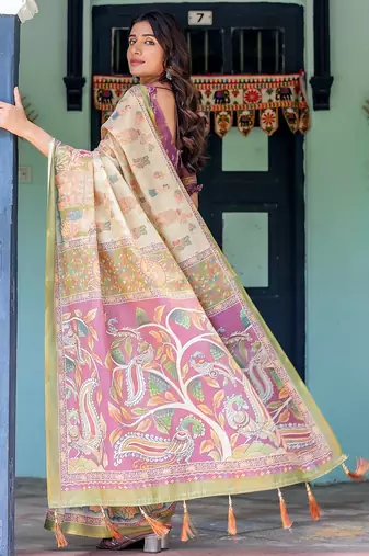 Soft handloom cotton floral saree with tassels     includes 0.8m blouse