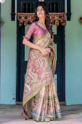 Soft handloom cotton floral saree with tassels     includes 0.8m blouse